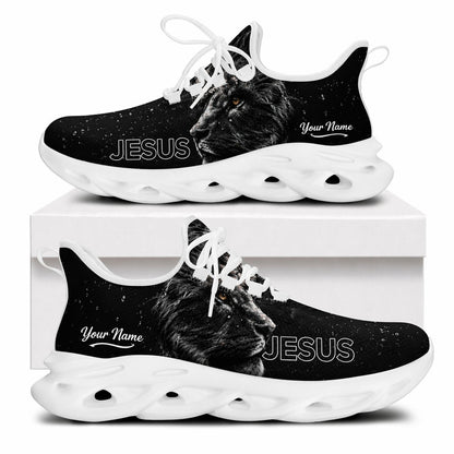 Side profile of Christian Jesus shoes showcasing the realistic black lion artwork and custom name zone on white soles