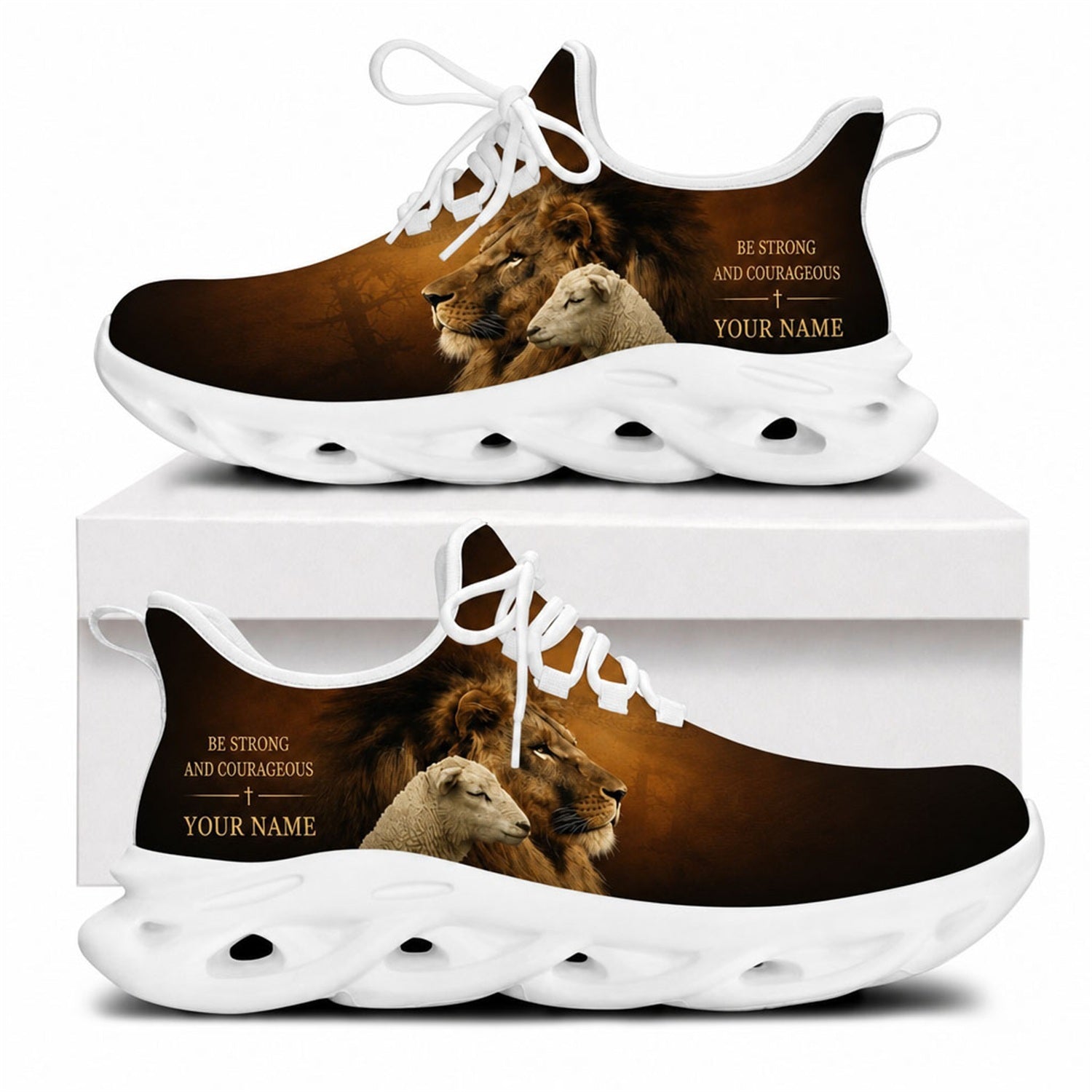 Side profile of Christian Jesus shoes showcasing the classic sepia lion and lamb design on white outsoles