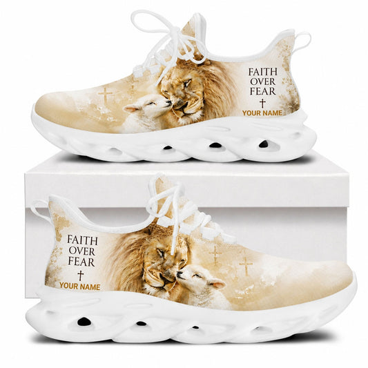 Side view of Christian Jesus shoes showing the Lion and Lamb art on white traction outsoles