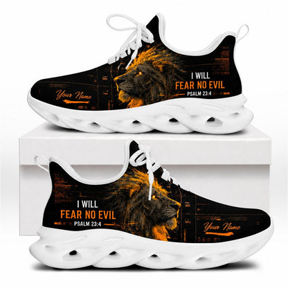 Side profile of Christian Jesus sneakers featuring a burning orange lion and faith quote on white outsoles