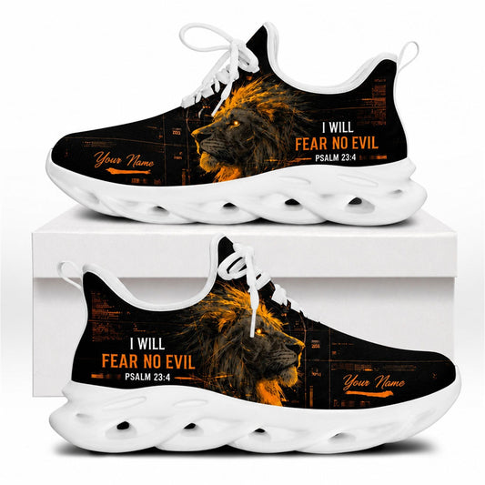 Side profile of Christian Jesus sneakers featuring a burning orange lion and faith quote on white outsoles