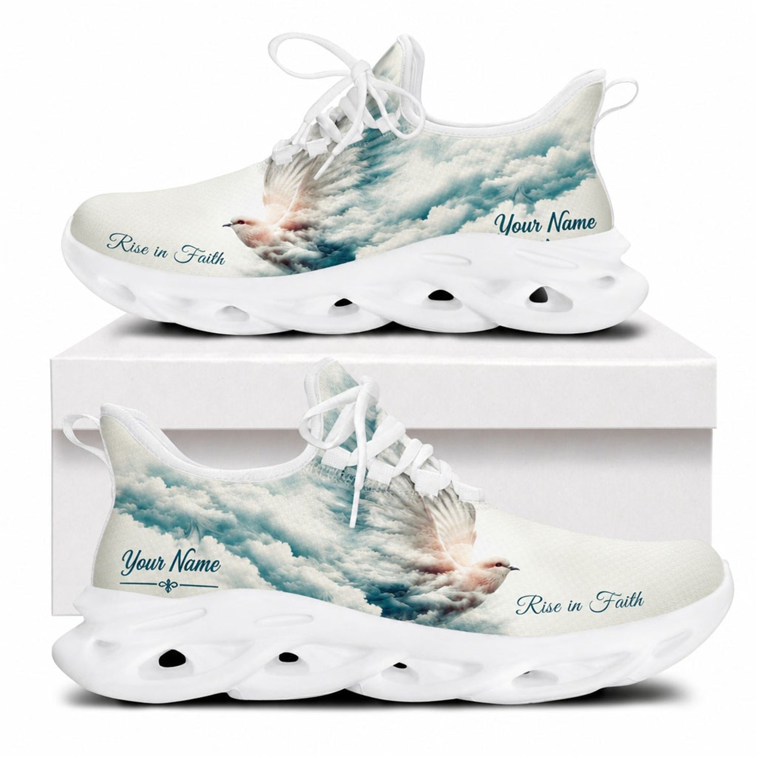 Side view of Christian Jesus shoes with a serene dove and cloud design and personalized name zone on white outsoles
