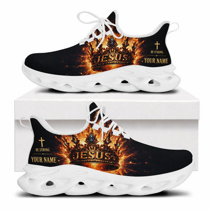 Side profile of Christian Jesus shoes showcasing the burning gold crown design on white outsoles