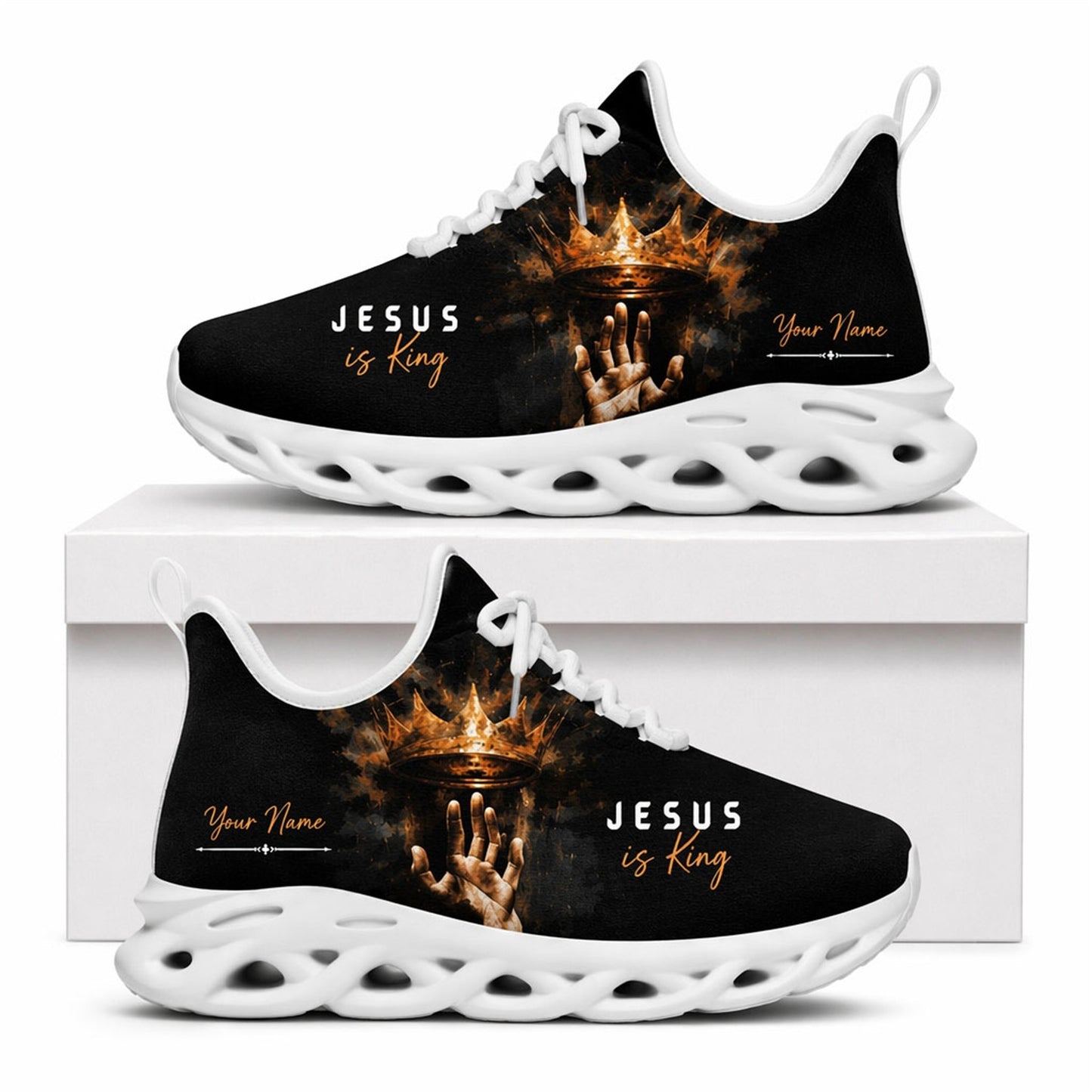 Side view of Christian Jesus shoes with a crown graphic and custom name zone on white outsoles
