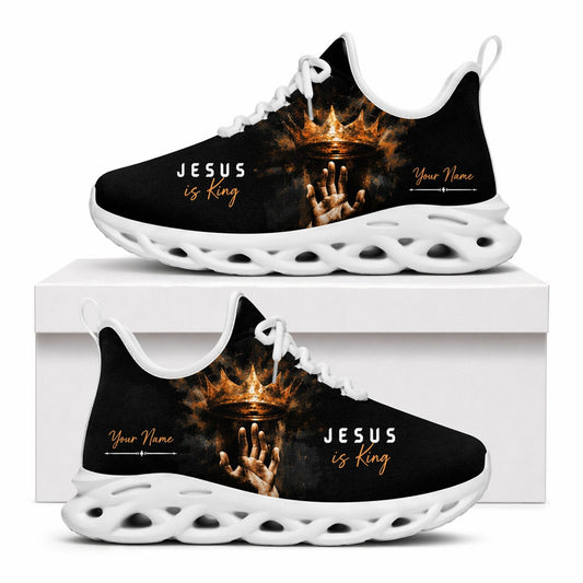 Side view of Christian Jesus shoes with a crown graphic and custom name zone on white outsoles