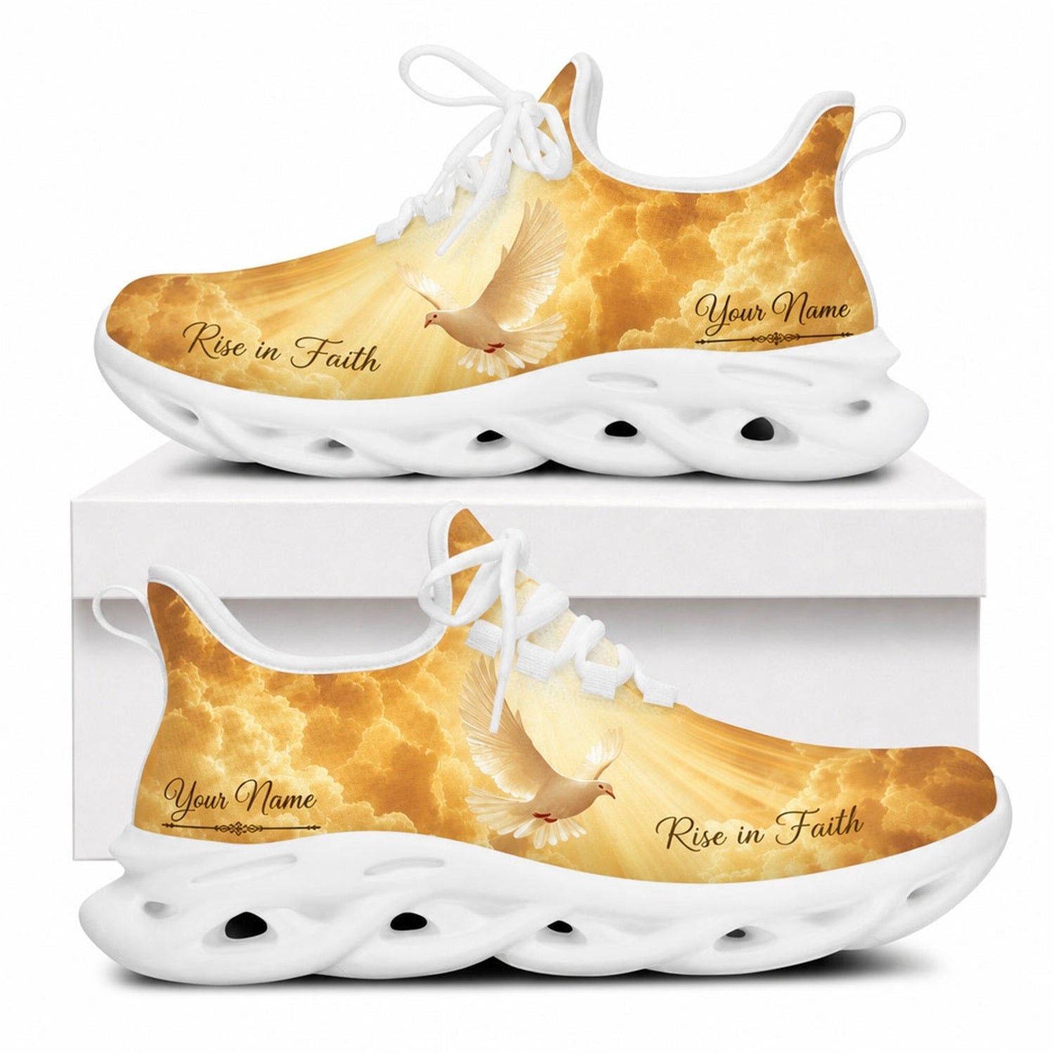 Side view of Christian Jesus shoes with a radiant dove in sunbeams design and name zone on white outsoles