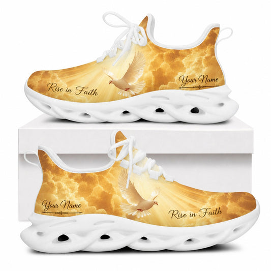 Side view of Christian Jesus shoes with a radiant dove in sunbeams design and name zone on white outsoles