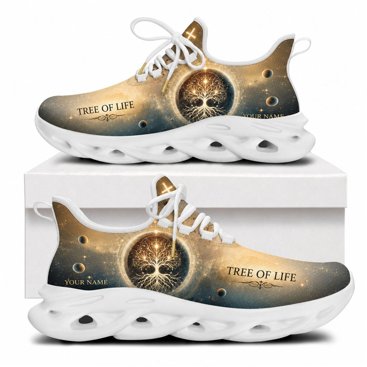 Side profile of Christian Jesus shoes with sacred tree artwork on a crisp white outsole