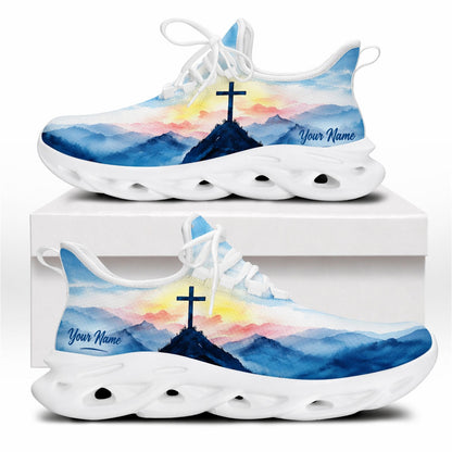Side profile of Christian Jesus shoes showcasing the artistic blue mountain cross painting on white outsoles