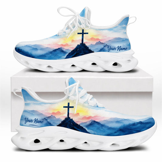 Side profile of Christian Jesus shoes showcasing the artistic blue mountain cross painting on white outsoles