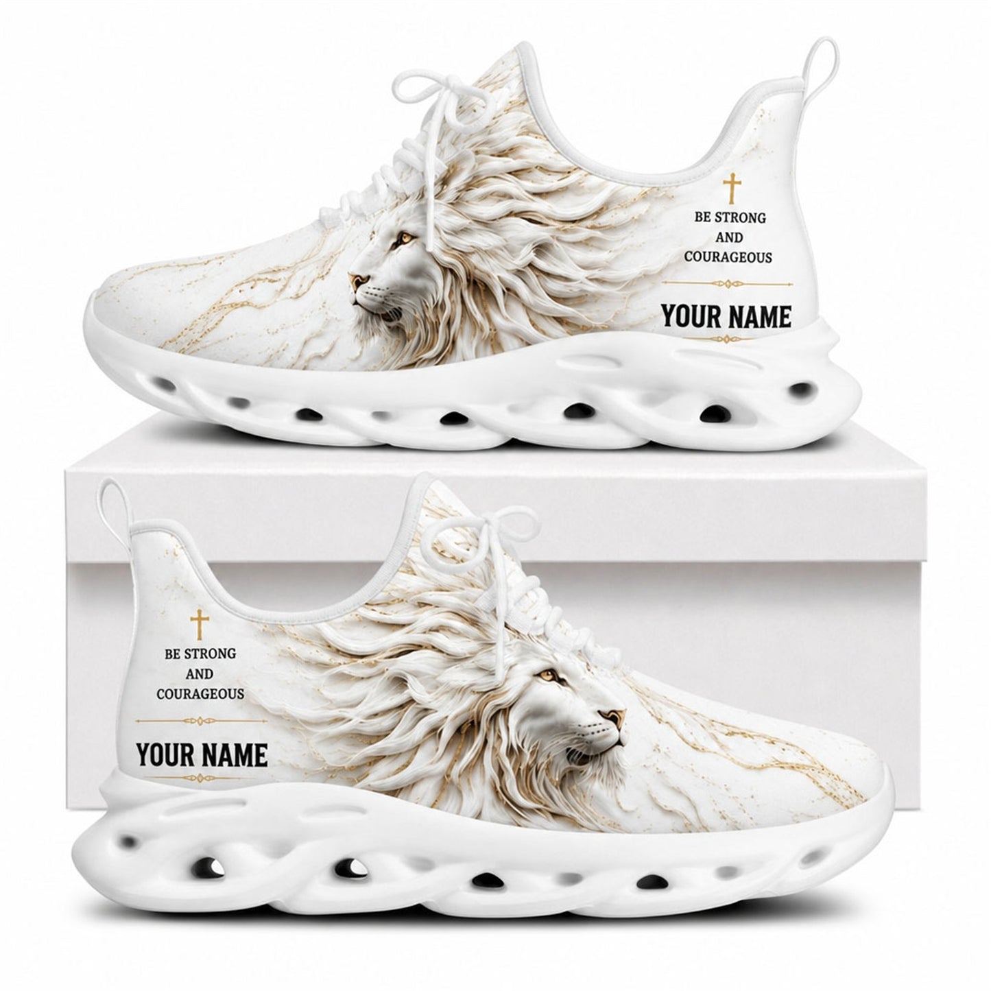 Side profile of Christian Jesus shoes showcasing the sculpted white lion design on matching white outsoles