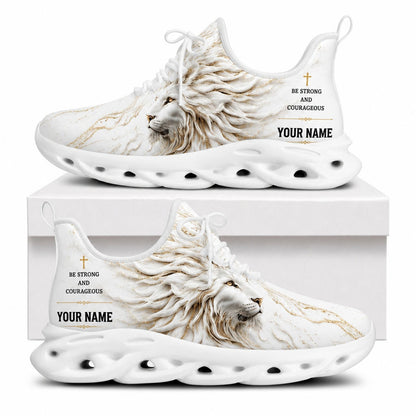 Side profile of Christian Jesus shoes showcasing the sculpted white lion design on matching white outsoles