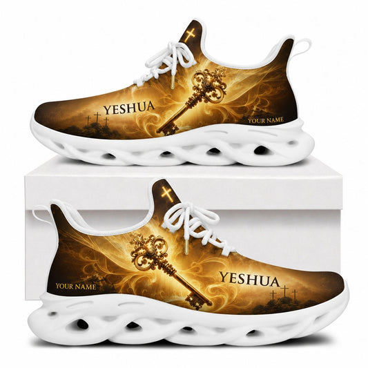 Side view of Christian Jesus shoes showcasing the golden key of heaven and white outsoles