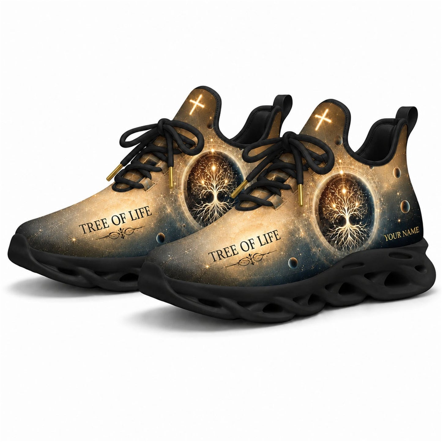 Studio 3/4 angle of cosmic Tree of Life sports sneakers with white flexible traction soles