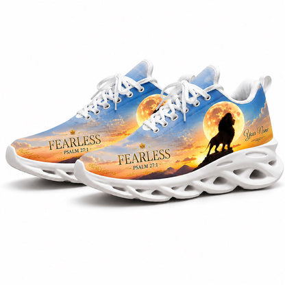 Angled pair of custom Christian sneakers with lion and full moon graphic on a white sole option