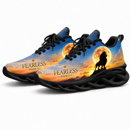 Pair of custom Christian sneakers featuring a golden sunset lion print with dynamic black soles