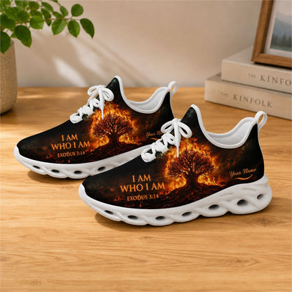Lifestyle view of white-soled faith sneakers on a wooden table, highlighting custom name zones and glowing embers