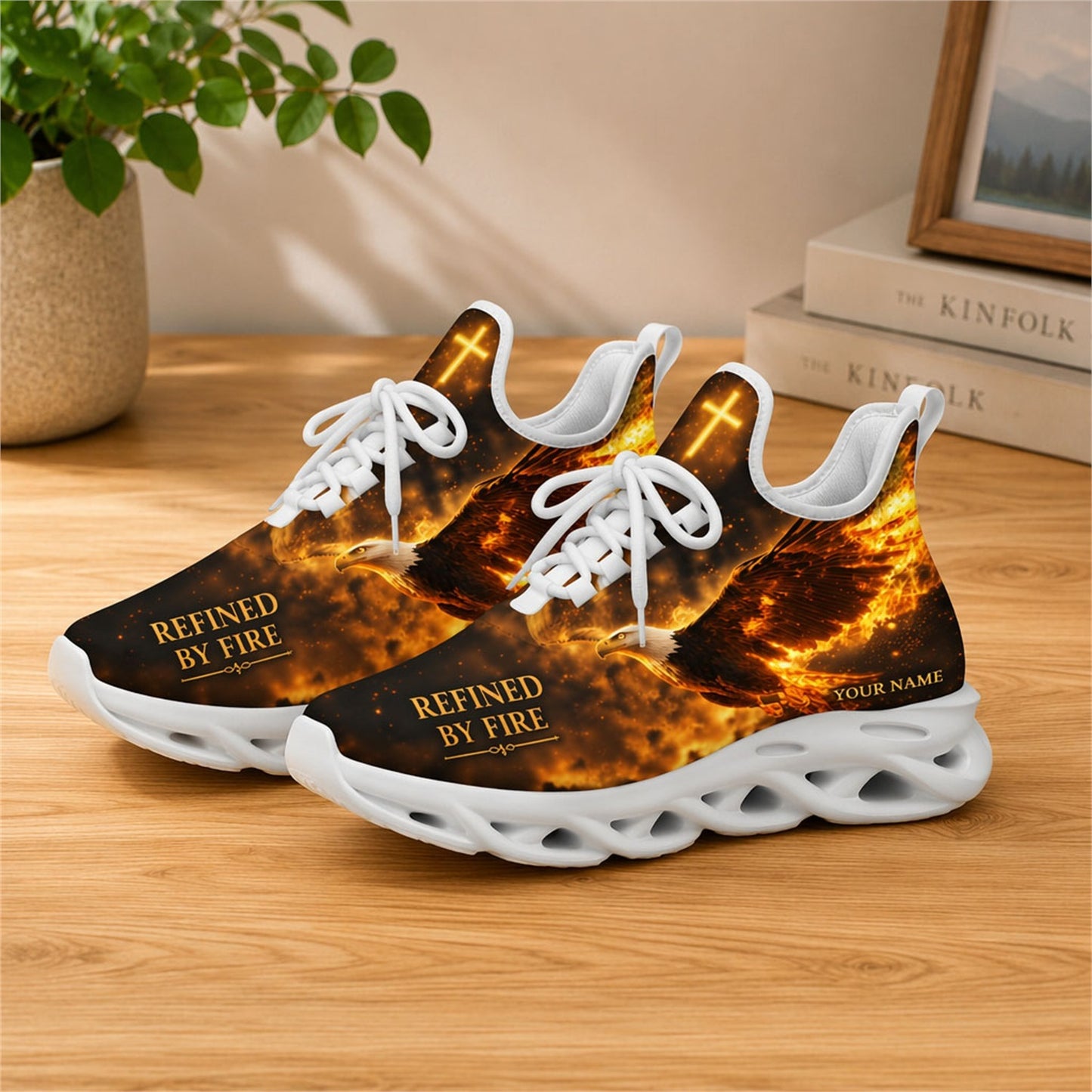 Lifestyle presentation of the white-soled faith scripture running shoes on a wooden desk, highlighting the personalized custom name block