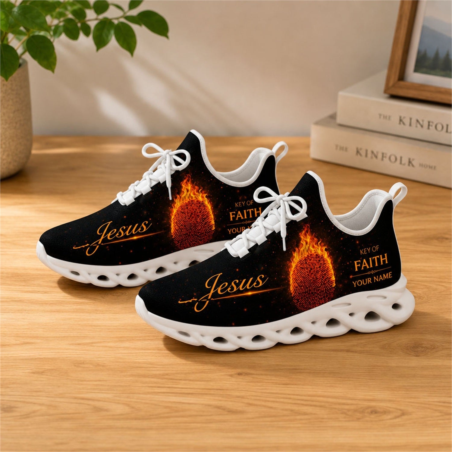 Lifestyle view of white-soled faith sneakers on a wooden surface, showcasing the burning fingerprint