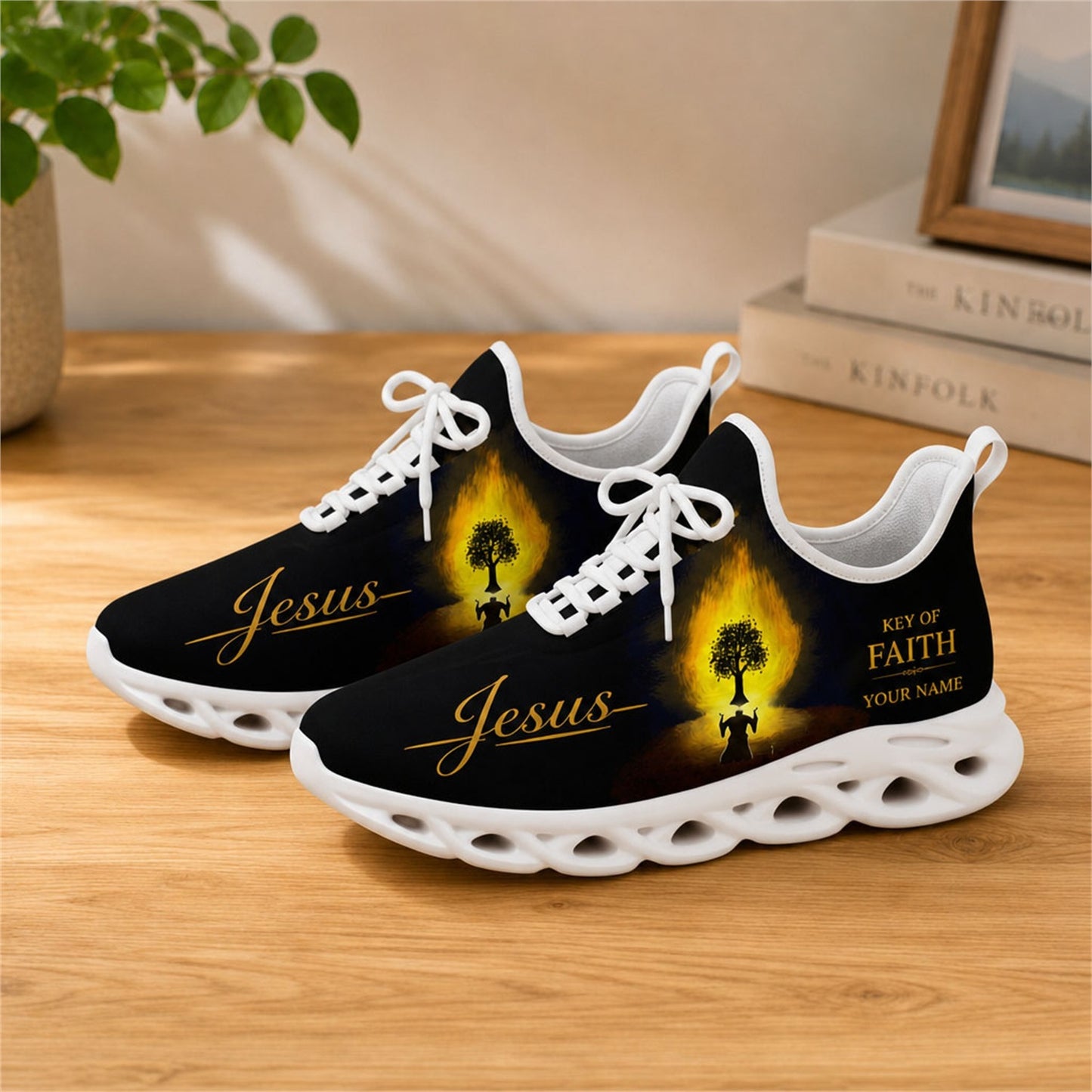 Lifestyle view of white-soled faith sneakers on a wooden surface, showcasing the burning tree and custom name