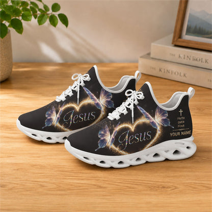 Lifestyle view of white-soled faith scripture sneakers on wood, displaying the personalized name zone