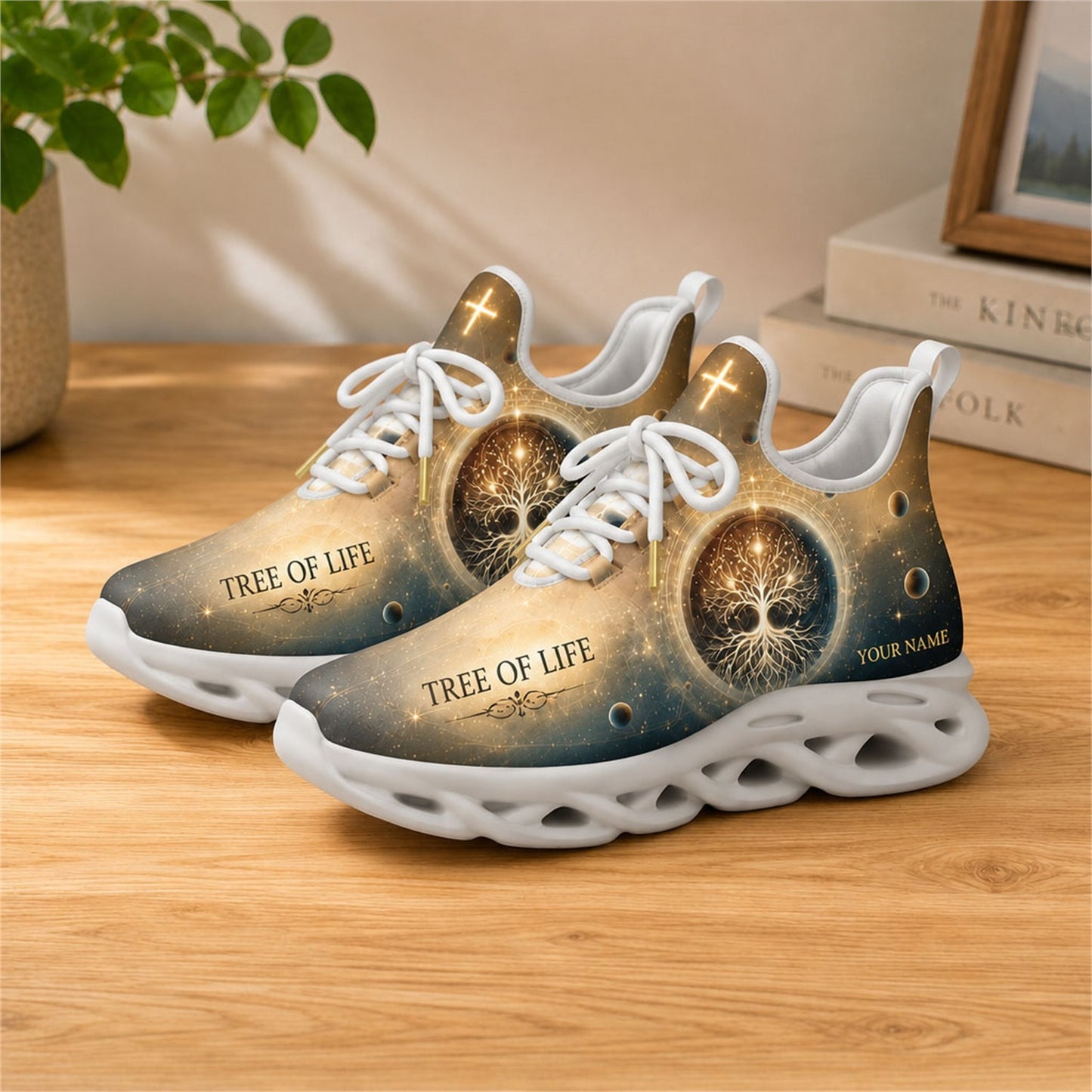 Lifestyle view of white-soled faith scripture sneakers on wood, showing the custom name area