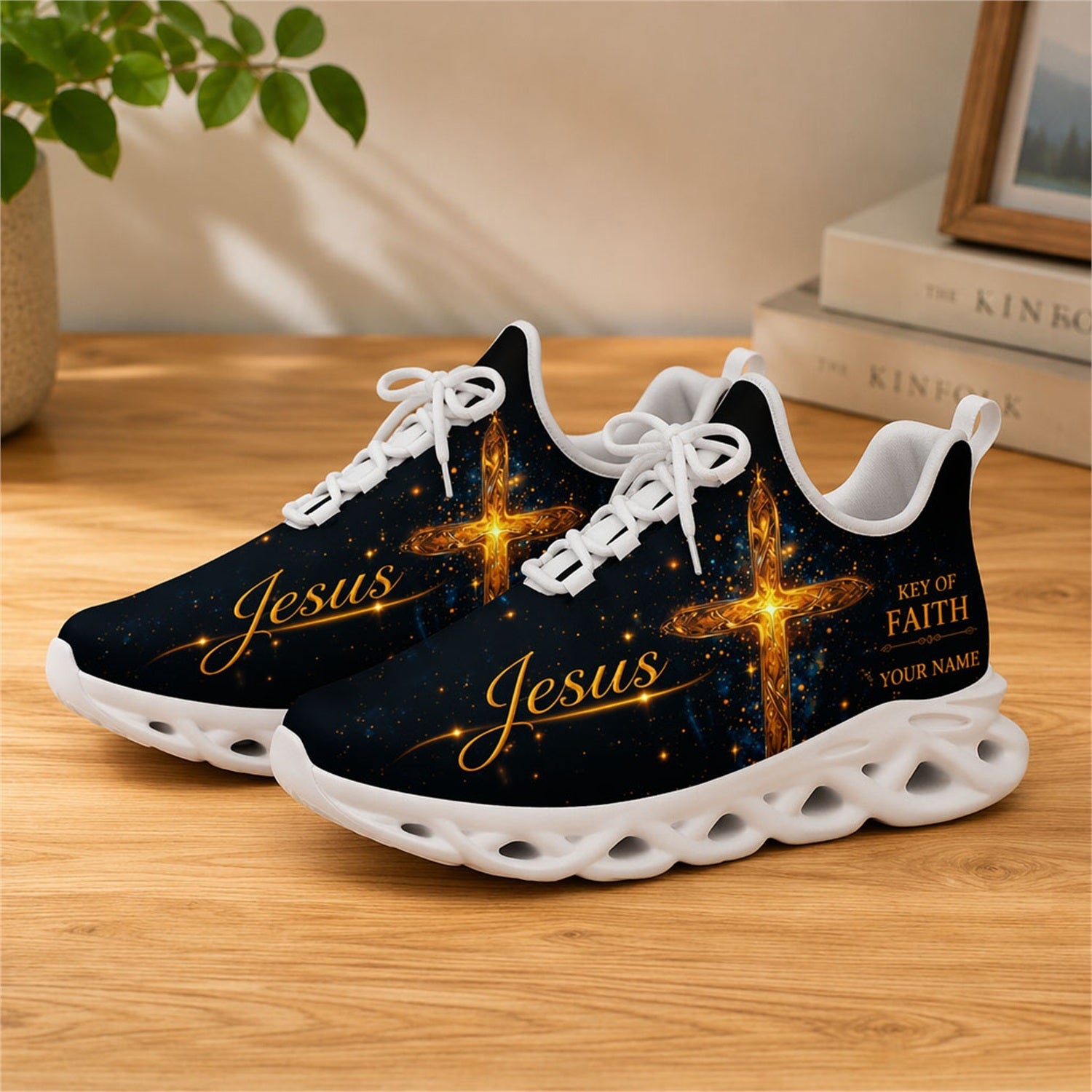 Lifestyle view of white-soled faith sneakers on a wooden surface, showcasing the golden cross and custom name