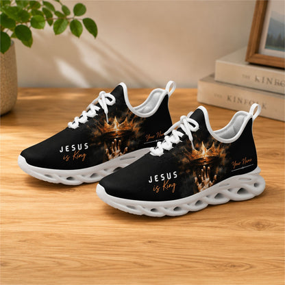 Lifestyle view of white-soled faith sneakers on a wooden surface, showcasing the crown and custom name