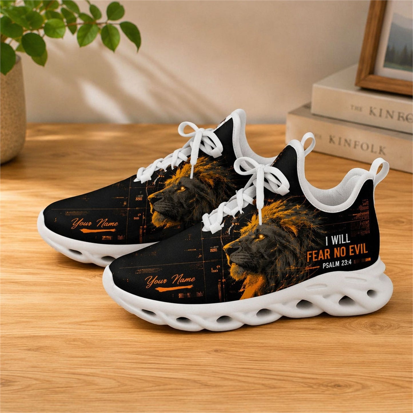 Lifestyle view of white-soled faith sneakers on a wooden table, highlighting personalized name zones