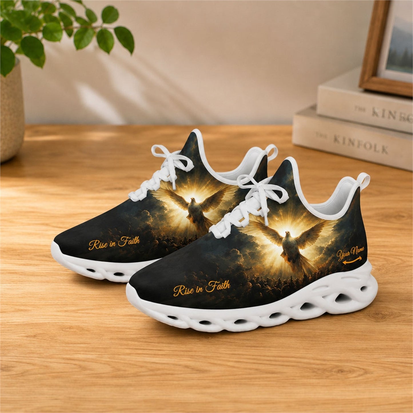 Lifestyle view of white-soled faith sneakers on a wood surface, showcasing the radiant dove and custom name