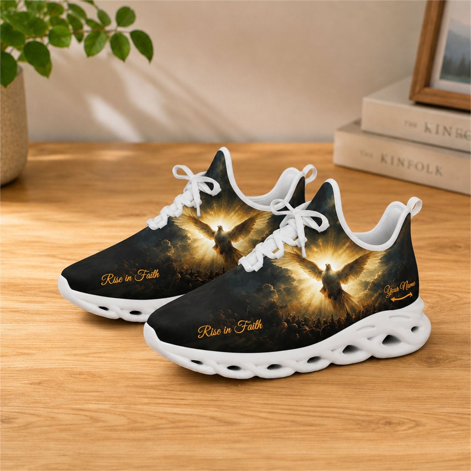 Lifestyle view of white-soled faith sneakers on a wood surface, showcasing the radiant dove and custom name