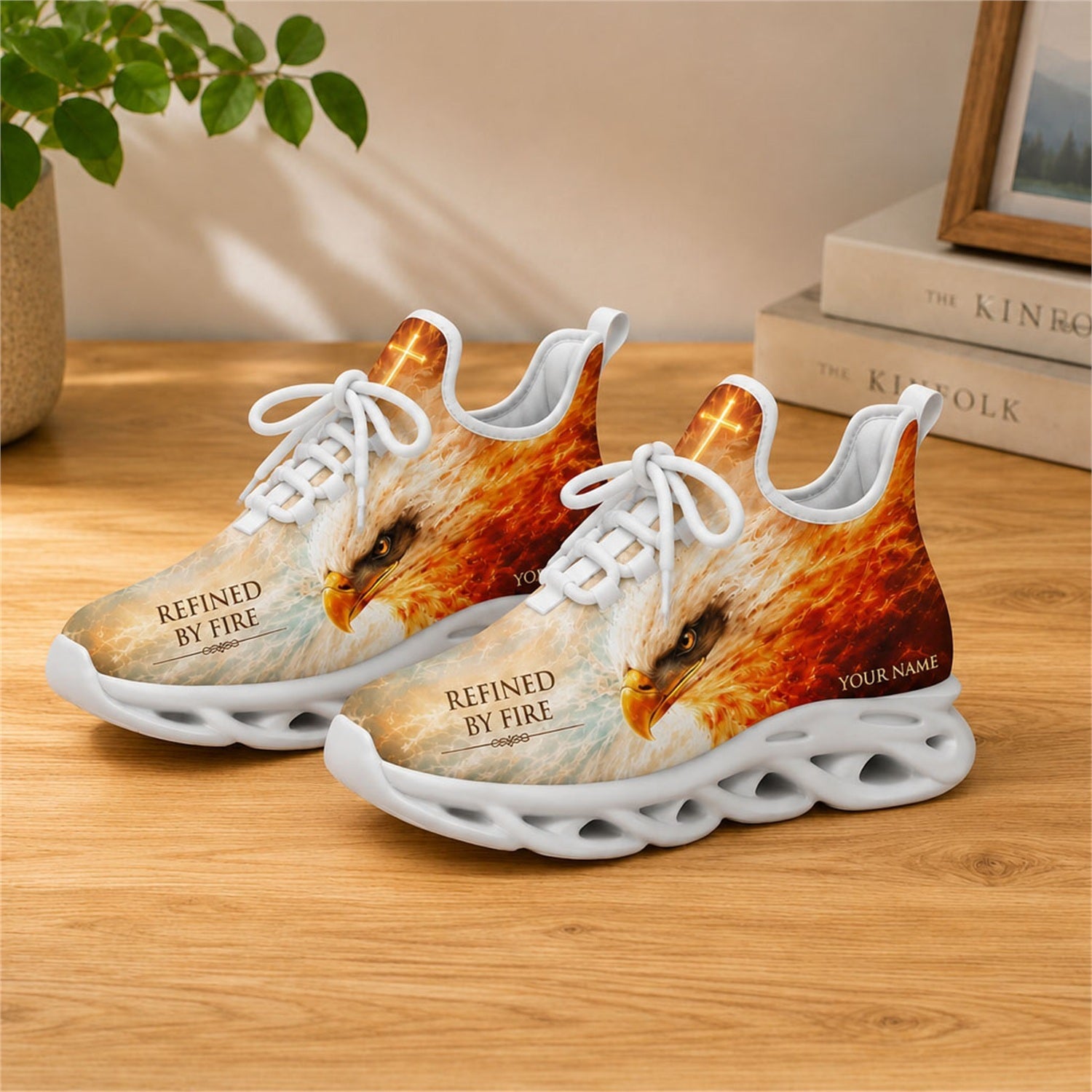 Lifestyle presentation of the white-soled faith scripture running shoes on a wooden desk setup, showcasing the text placement for the customized name