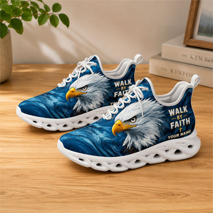 Lifestyle view of white-soled faith scripture sneakers on wood, displaying the personalized name zone
