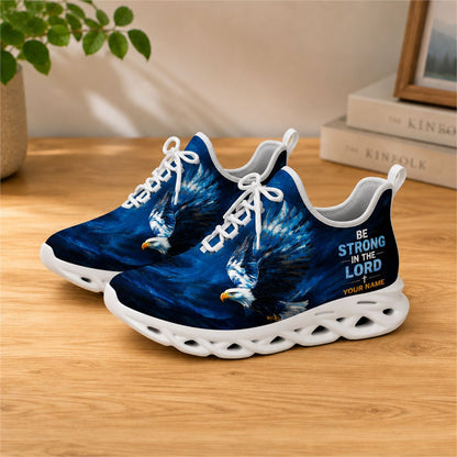 Lifestyle view of white-soled faith scripture sneakers on wood, displaying the personalized name zone