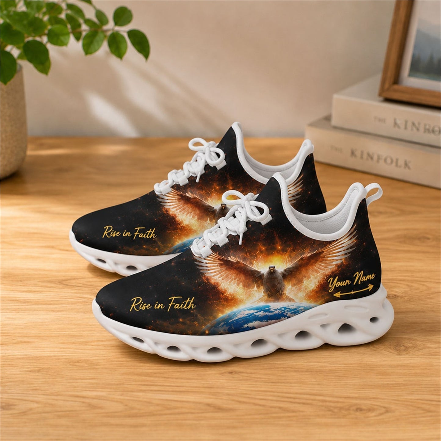 Lifestyle view of white-soled faith sneakers on a wooden surface, displaying custom name zones and cosmic wings