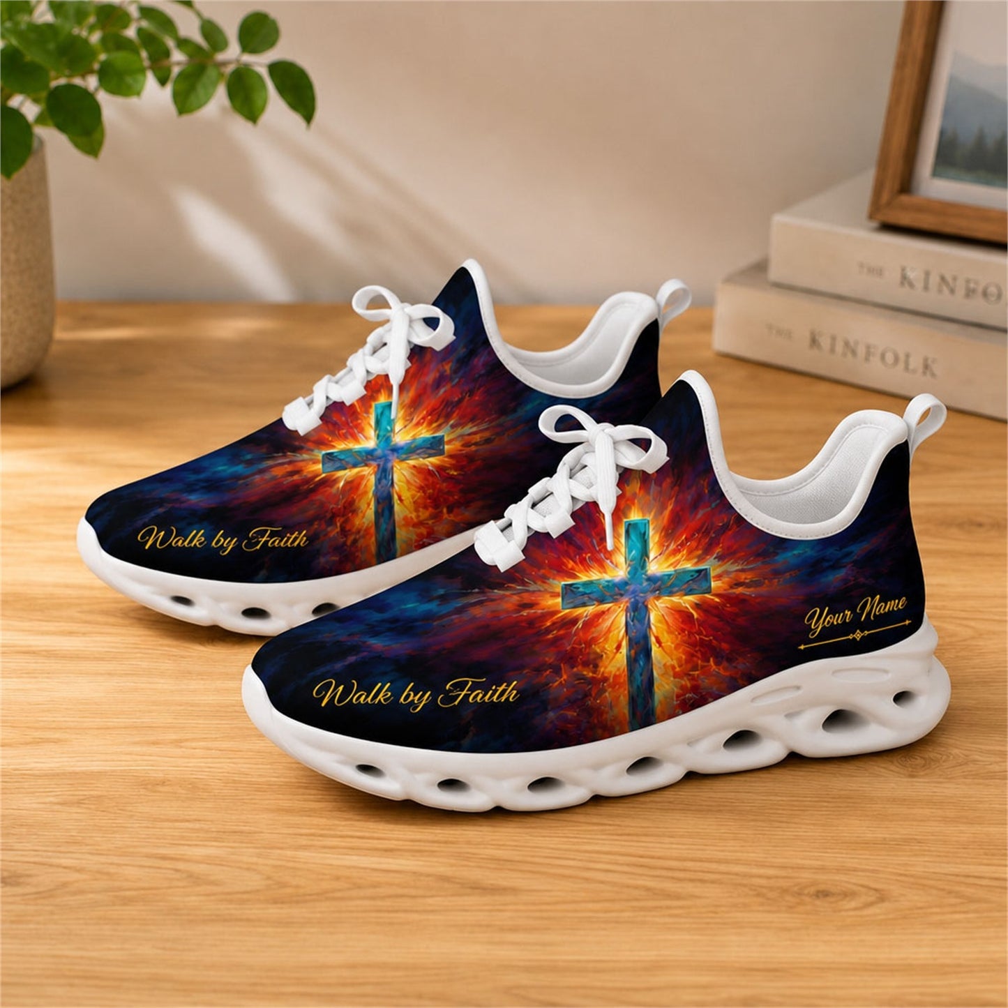 Lifestyle view of white-soled faith sneakers on a wooden surface, showcasing the explosion cross and custom name