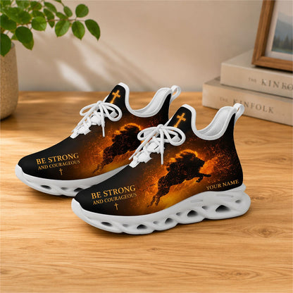 Lifestyle presentation of the white-soled faith scripture running shoes on a wooden table, highlighting the custom name zone and modern aesthetic