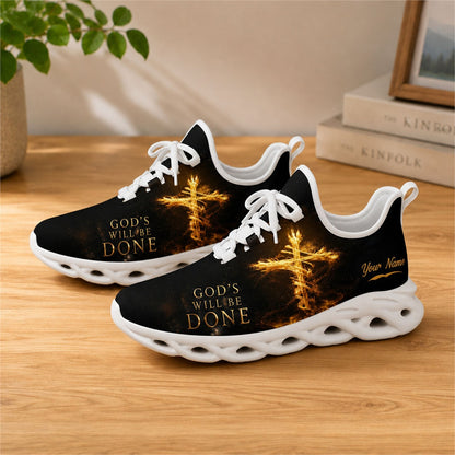 Lifestyle view of white-soled faith sneakers on a wood surface, displaying custom name zones and elegant gold text