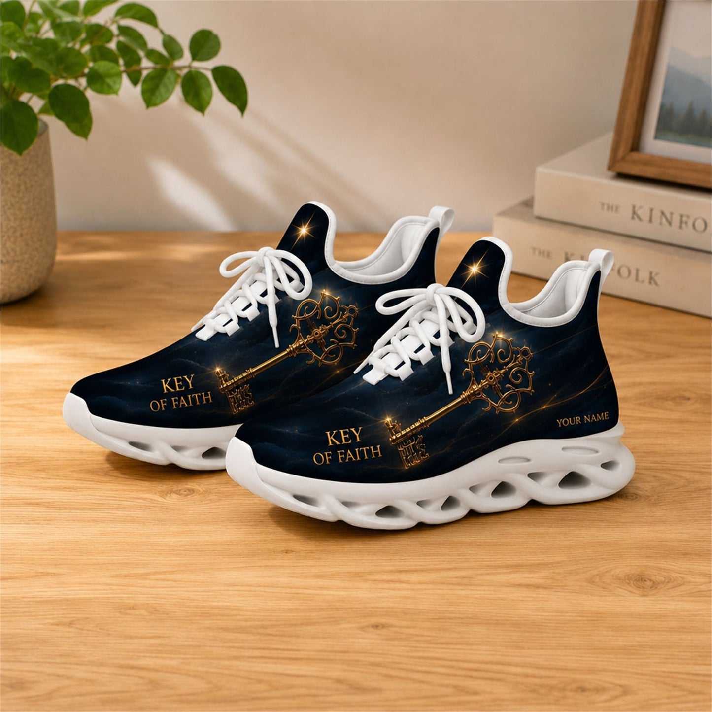 Lifestyle view of white-soled faith scripture sneakers on wood, showing the custom name zone