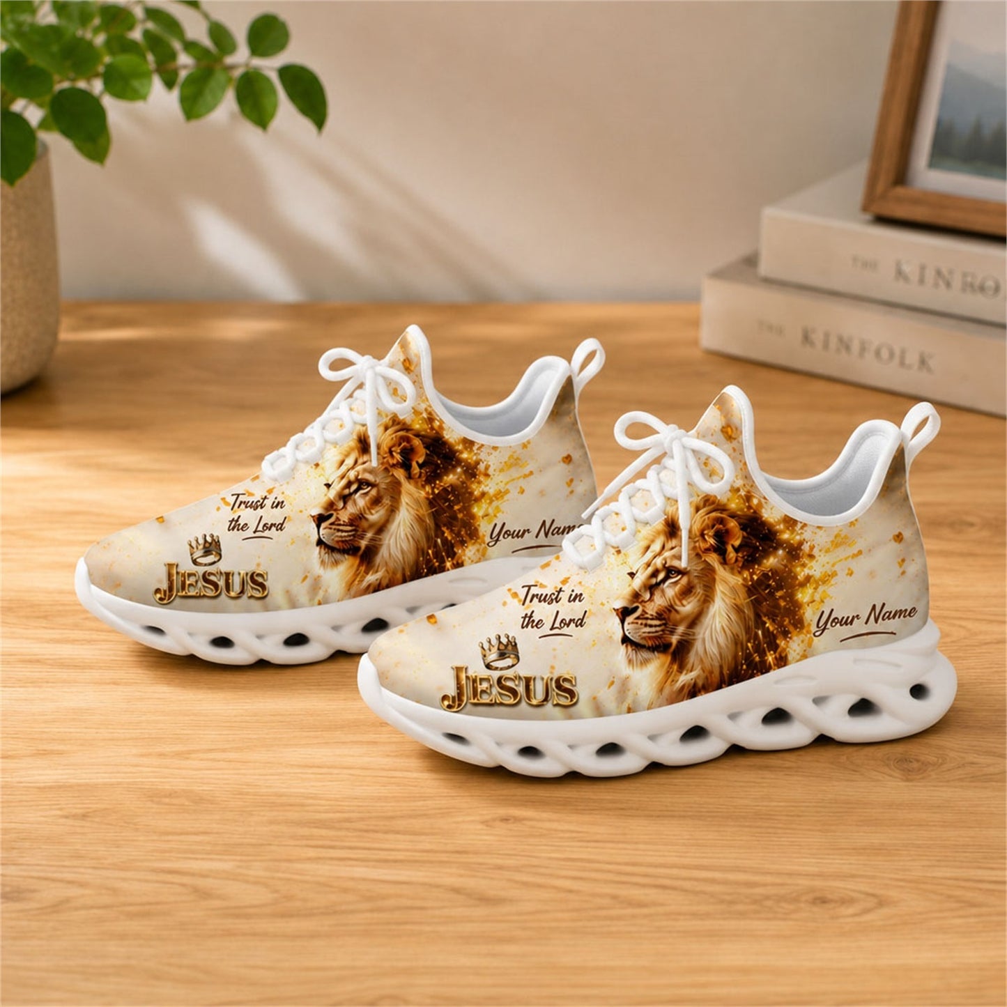 Lifestyle view of white-soled faith sneakers on wood displaying the custom name zone and crown details
