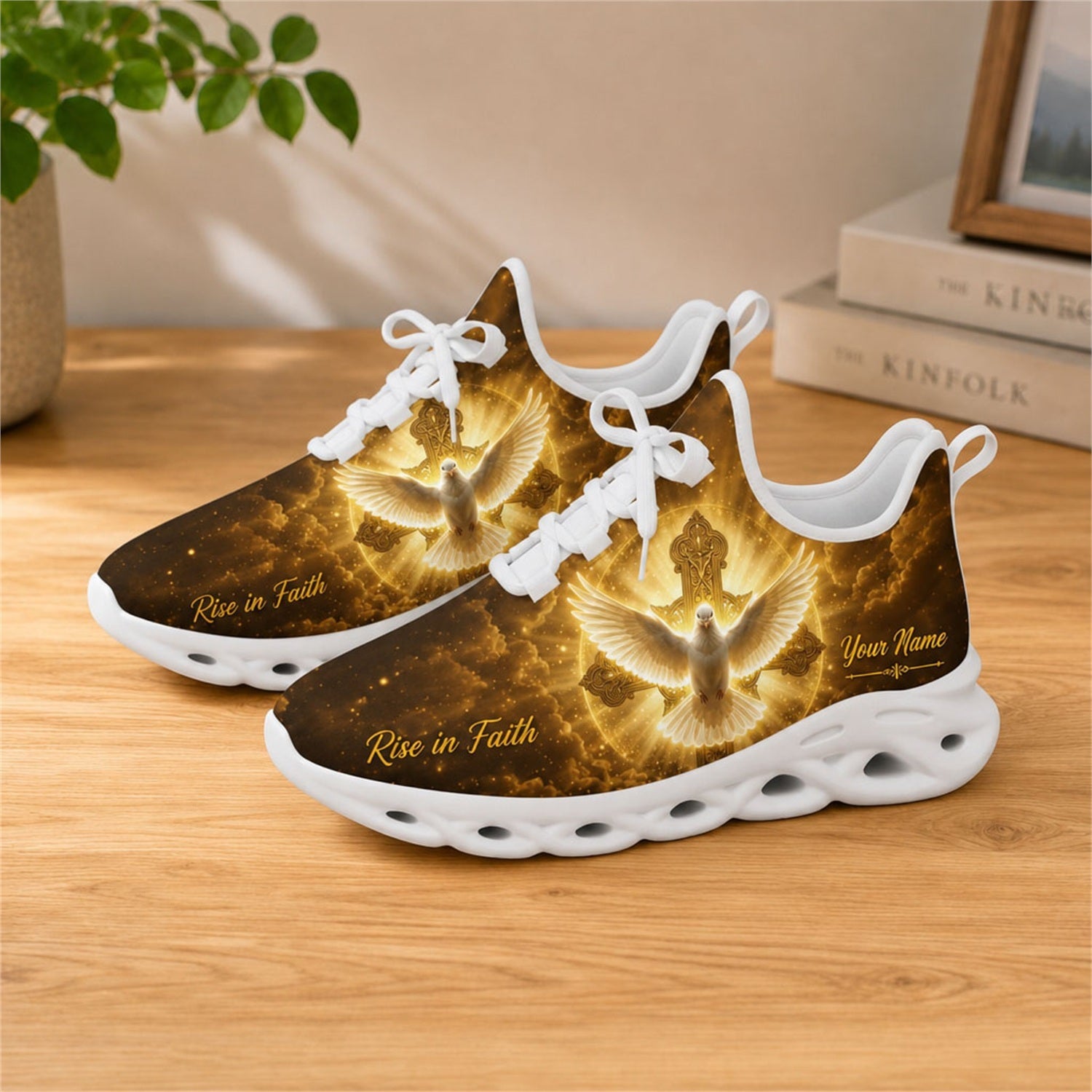 Lifestyle view of white-soled faith sneakers on a wooden surface, showcasing the golden cross and custom name