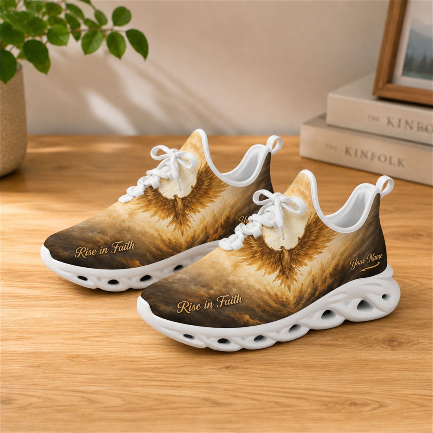 Lifestyle view of white-soled faith sneakers on a wood surface, displaying custom name zones and eagle wings