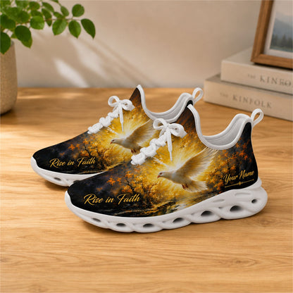 Lifestyle view of white-soled faith sneakers on a wooden surface, showcasing the forest dove and custom name