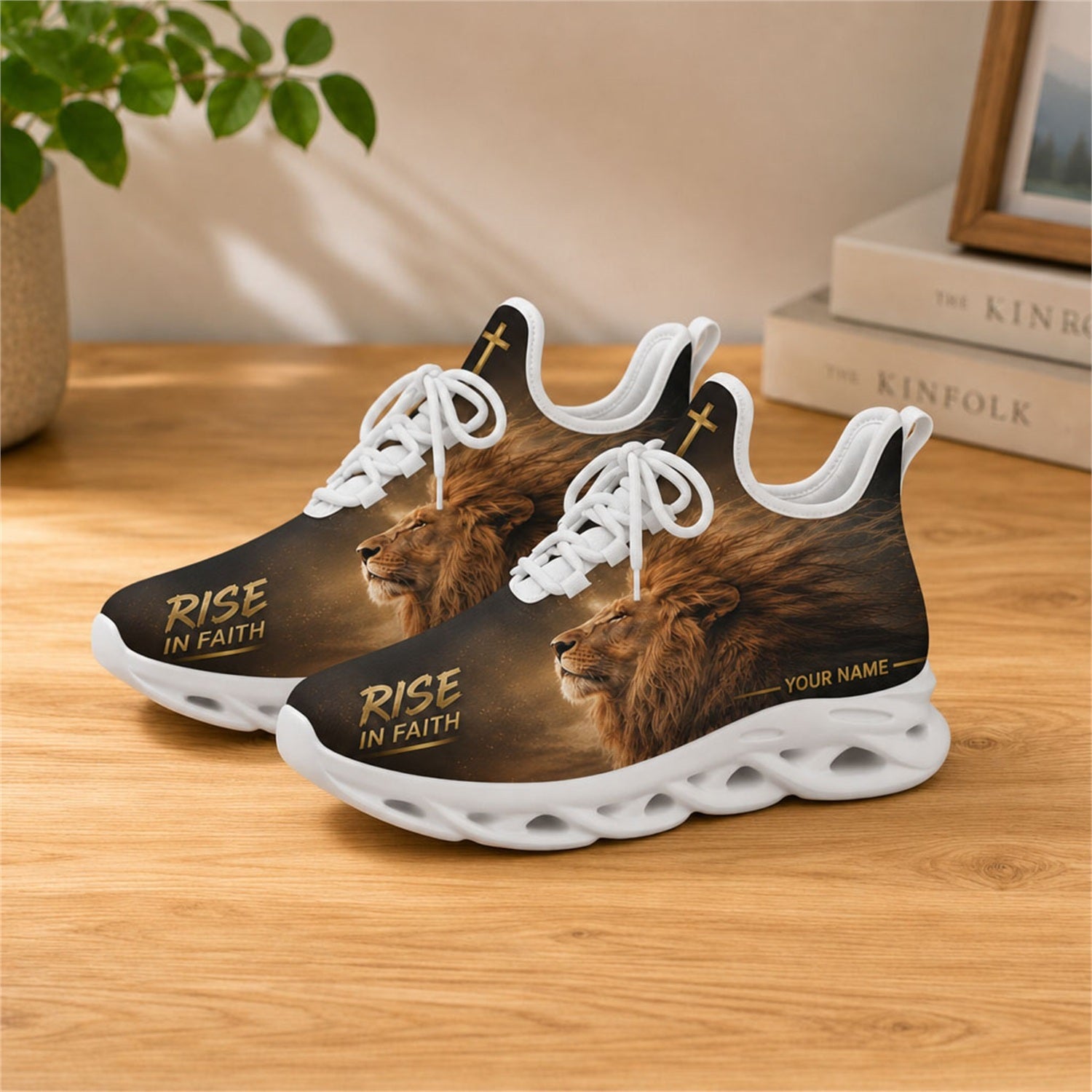 Lifestyle presentation of the white-soled faith scripture running shoes on a wooden table, emphasizing the custom name placement