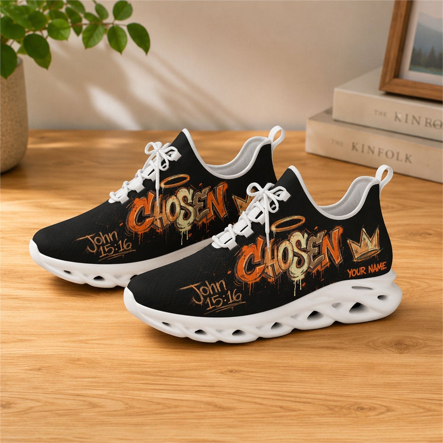 Lifestyle view of white-soled faith scripture sneakers on wood, displaying the personalized name zone