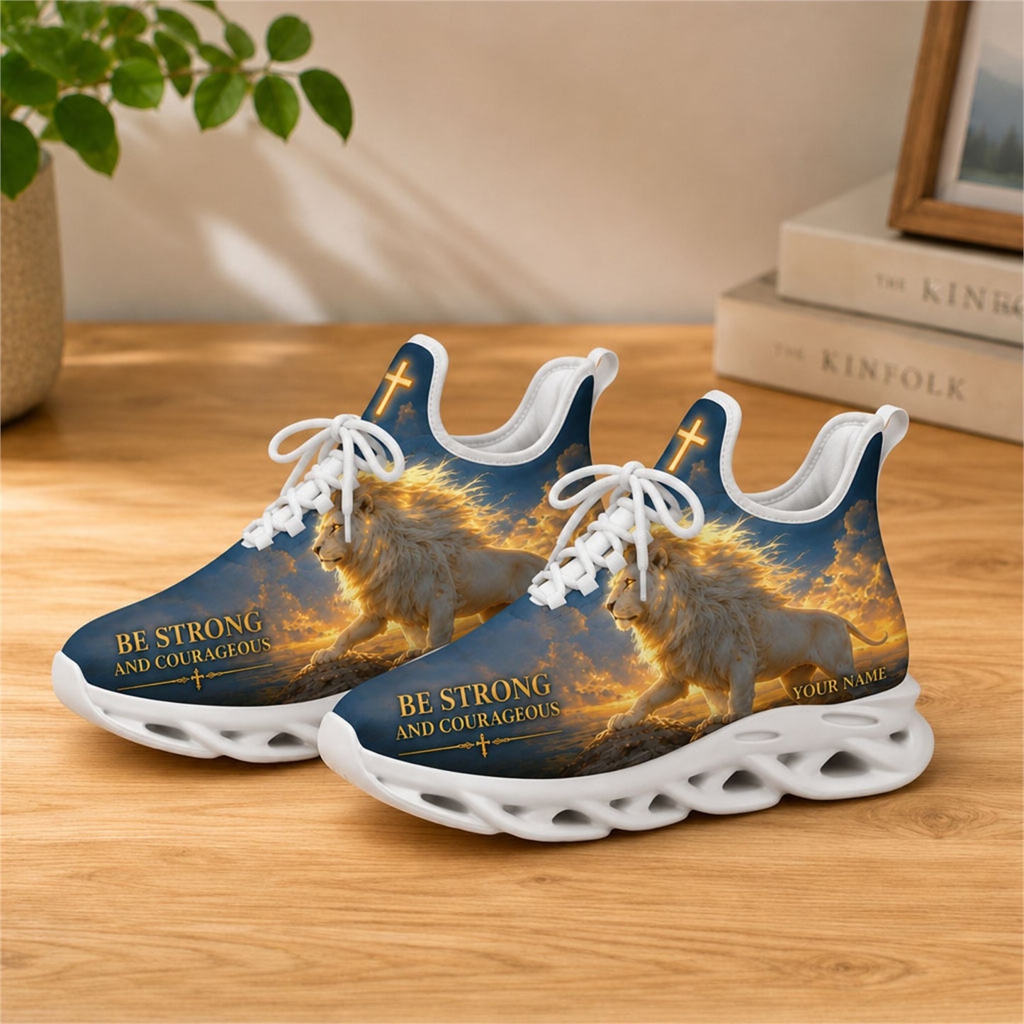 Lifestyle presentation of the white-soled faith scripture running shoes on a wooden desk, emphasizing the custom name placement and serene colors