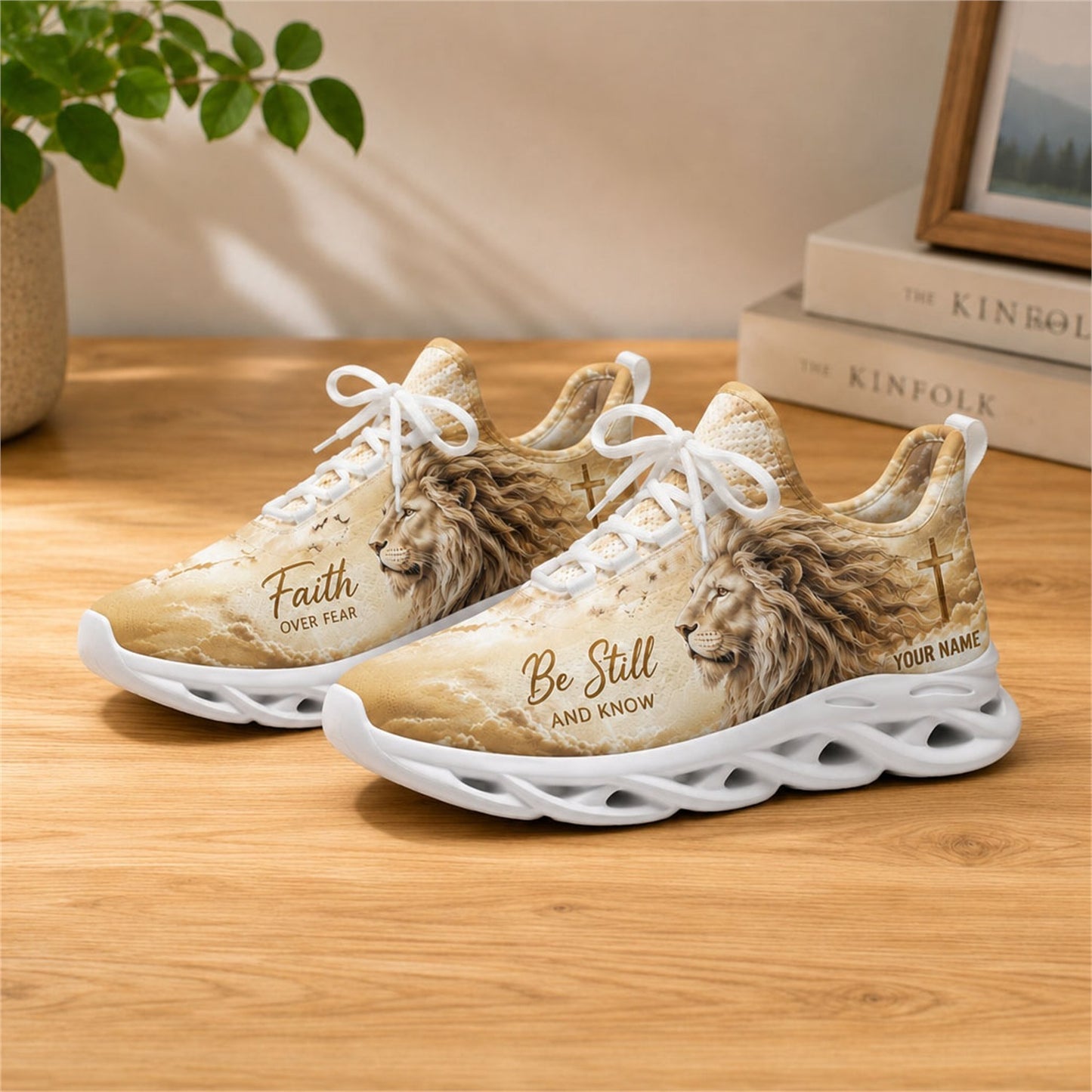 Lifestyle view of white-soled faith scripture sneakers on wood, displaying the personalized name zone