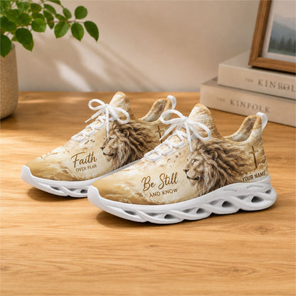Lifestyle view of white-soled faith scripture sneakers on wood, displaying the personalized name zone