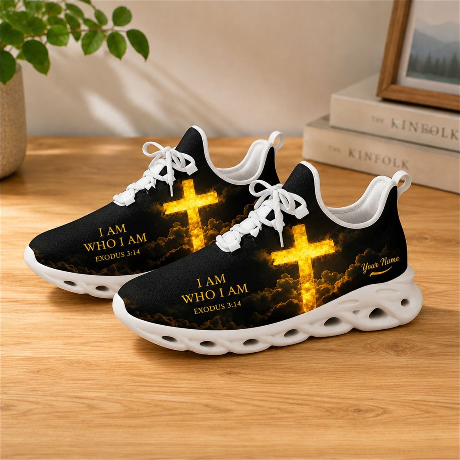 Lifestyle view of white-soled faith sneakers on a wooden table, showcasing personalization zones and holy light