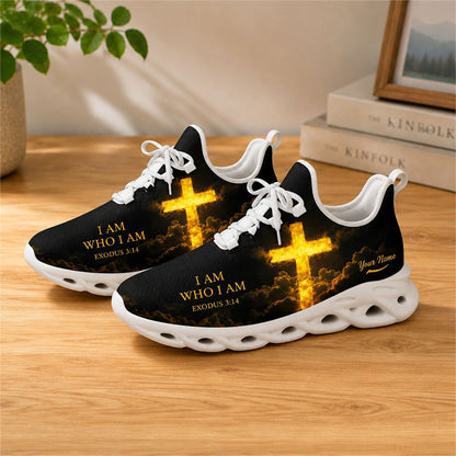 Lifestyle view of white-soled faith sneakers on a wooden table, showcasing personalization zones and holy light